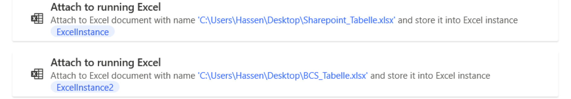 Attach to the two running Excel instances